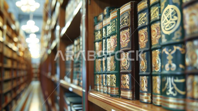 قرأة كتاب الله والكتب الدينية، صورة مقربة لمجموعة من المصاحف في داخل مكتبة اسلامية، العبادة والتقرب الى الله، الاهتمام بدراسة و حفظ القرآن الكريم