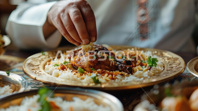 تناول الطعام باليد، صورة مقربة ليد شاب عربي خليجي سعودي يجلس على المائدة، أطباق شعبيه عربيه سعوديه خليجيه، صحن من الأرز مع الدجاج المزين بالبقدونس، مفهوم العزائم والولائم، طبق من رز المندي اللذيذ