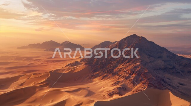 الرمال الذهبيه الناعمة في المملكة العربية السعودية، منظر السماء المليئة بالغيوم في وقت غروب الشمس، التلال والهضاب الرملية الطبيعية في صحراء مدينة الرياض