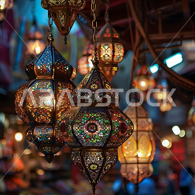 حرفة صناعة المصابيح المعدنية، إضاءة وزينة رمضان، صورة مقربة لفوانيس عربية تقليدية مزخرفة وملونة معلقة في سوق شعبي، الاحتفال بقدوم شهر الخير