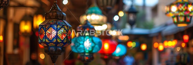 حرفة صناعة المصابيح المعدنية، إضاءة وزينة رمضان، صورة مقربة لفوانيس عربية تقليدية مزخرفة وملونة معلقة في سوق شعبي، الاحتفال بقدوم شهر الخير