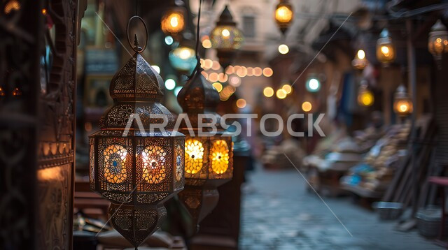 إضاءة وزينة رمضان، صورة مقربة لفوانيس عربية تقليدية مزخرفة وملونة معلقة في سوق شعبي، حرفة صناعة المصابيح المعدنية، الاحتفال بقدوم شهر الخير