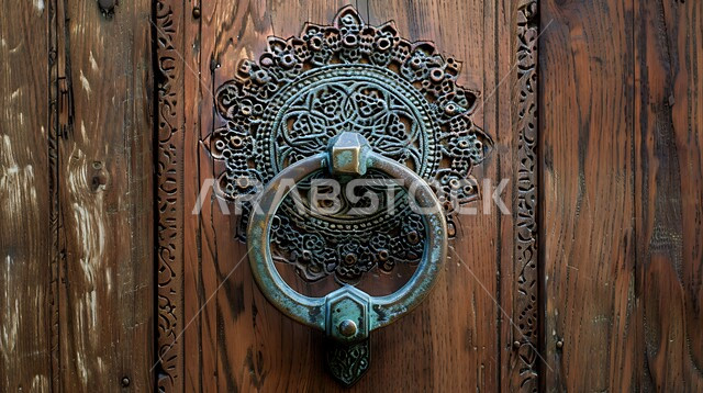 مقرع باب تراثي شعبي قديم، حلقه معدنيه بتصاميم زخرفية، صورة مقربة لمطرقة باب خشبي، طرق الأبواب بالطريقه التقليديه القديمه، منازل عربية سعودية أثرية