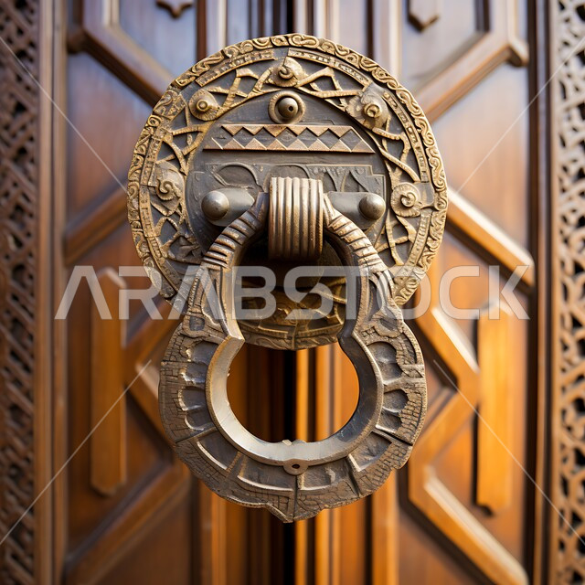 Knocking on doors in the old traditional way, an old popular heritage door knocker, a metal ring with decorative designs, a close-up picture of a wooden door knocker, antique Saudi Arab homes