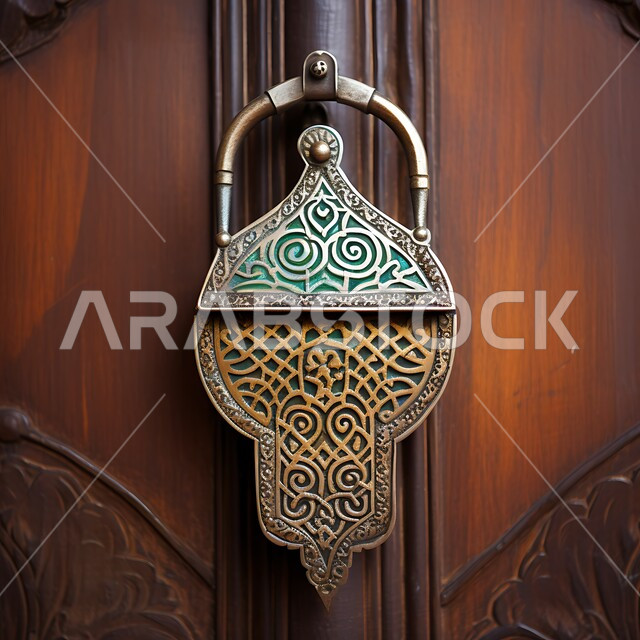 طرق الأبواب بالطريقه التقليديه القديمه، مقرع باب تراثي شعبي قديم، حلقه معدنيه بتصاميم زخرفية، صورة مقربة لمطرقة باب خشبي، منازل عربية سعودية أثرية