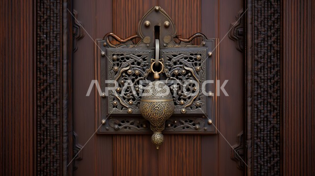 مقرع باب تراثي شعبي قديم، حلقه معدنيه بتصاميم زخرفية، صورة مقربة لمطرقة باب خشبي، طرق الأبواب بالطريقه التقليديه القديمه، منازل عربية سعودية أثرية
