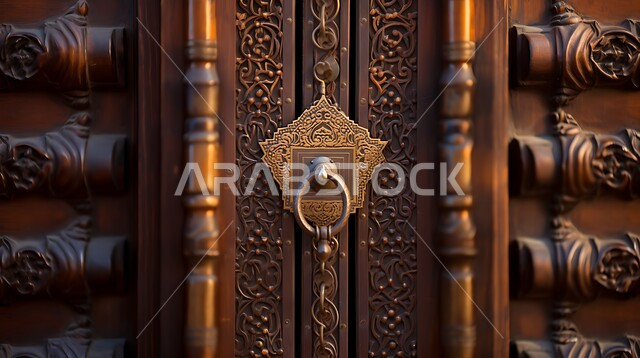 طرق الأبواب بالطريقه التقليديه القديمه، مقرع باب تراثي شعبي قديم، حلقه معدنيه بتصاميم زخرفية، صورة مقربة لمطرقة باب خشبي، منازل عربية سعودية أثرية