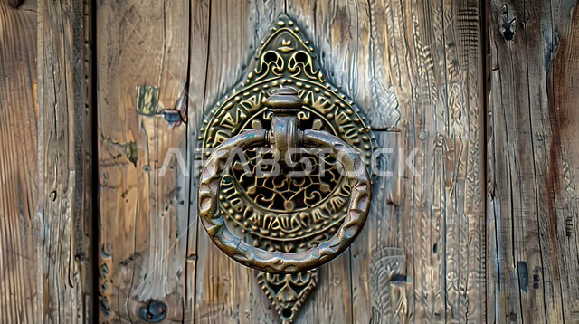 طرق الأبواب بالطريقه التقليديه القديمه، مقرع باب تراثي شعبي قديم، حلقه معدنيه بتصاميم زخرفية، صورة مقربة لمطرقة باب خشبي، منازل عربية سعودية أثرية