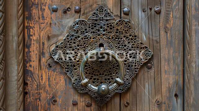 مقرع باب تراثي شعبي قديم، حلقه معدنيه بتصاميم زخرفية، صورة مقربة لمطرقة باب خشبي، طرق الأبواب بالطريقه التقليديه القديمه، منازل عربية سعودية أثرية