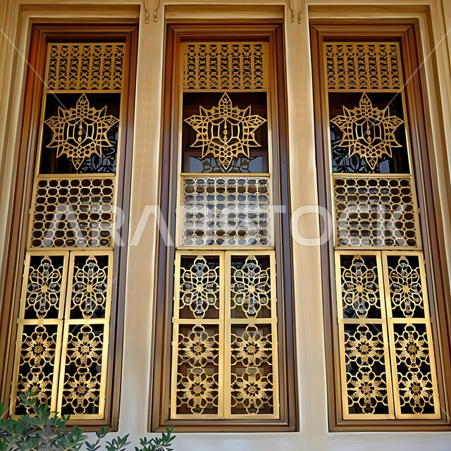 نافذة بزخارف تقليدية شعبية في منزل سعودي، صورة مقربة لشبكة نوافذ ذهبية محفرة بتصاميم عريقة، منازل أثرية قديمة في المملكة العربية السعودية، الفن الهندسي المعماري على الطراز العربي