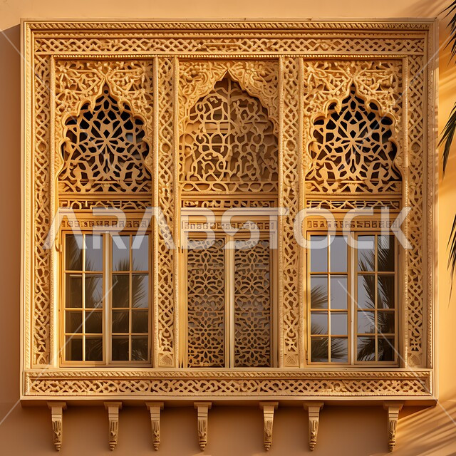 Arabic-style architectural art, ancient ancient houses in the Kingdom of Saudi Arabia, a window with popular traditional decorations in a Saudi house, a close-up of a golden window grille engraved with ancient designs