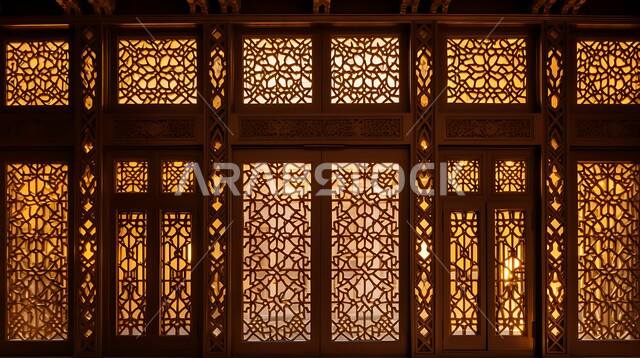 Arabic-style architectural art, ancient ancient houses in the Kingdom of Saudi Arabia, a window with popular traditional decorations in a Saudi house, a close-up of a golden window grille engraved with ancient designs