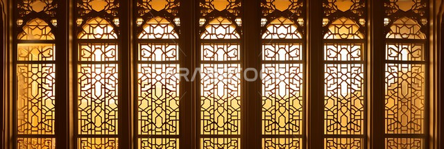 نافذة بزخارف تقليدية شعبية في منزل سعودي، صورة مقربة لشبكة نوافذ ذهبية محفرة بتصاميم عريقة، منازل أثرية قديمة في المملكة العربية السعودية، الفن الهندسي المعماري على الطراز العربي