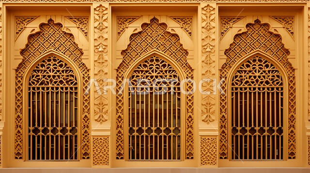 Arabic-style architectural art, ancient ancient houses in the Kingdom of Saudi Arabia, a window with popular traditional decorations in a Saudi house, a close-up of a golden window grille engraved with ancient designs