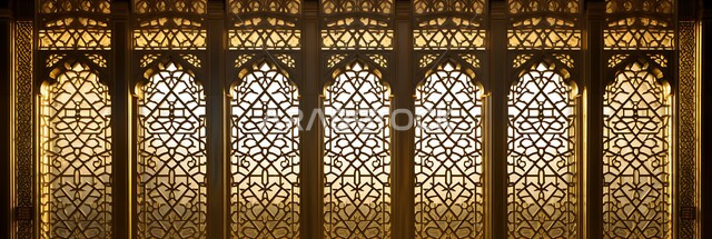 الفن الهندسي المعماري على الطراز العربي، منازل أثرية قديمة في المملكة العربية السعودية، نافذة بزخارف تقليدية شعبية في منزل سعودي، صورة مقربة لشبكة نوافذ ذهبية محفرة بتصاميم عريقة