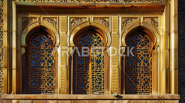 نافذة بزخارف تقليدية شعبية في منزل سعودي، صورة مقربة لشبكة نوافذ ذهبية محفرة بتصاميم عريقة، منازل أثرية قديمة في المملكة العربية السعودية، الفن الهندسي المعماري على الطراز العربي