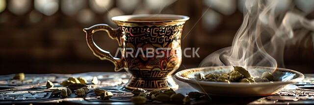 العادات العربية القديمة في تقديم القهوة، حسن الضيافه وكرم الإستقبال في المملكة العربية السعودية، صورة مقربة لفنجان القهوة السوداء، جودة المنتجات المحلية الوطنية، الاستمتاع بالمشروبات الساخنة
