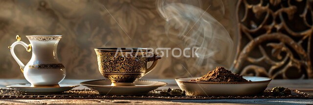 الاستمتاع بالمشروبات الساخنة، العادات العربية القديمة في تقديم القهوة، حسن الضيافه وكرم الإستقبال في المملكة العربية السعودية، صورة مقربة لفنجان القهوة السوداء، جودة المنتجات المحلية الوطنية