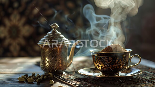 The ancient Arab customs of serving coffee, good hospitality and warm reception in the Kingdom of Saudi Arabia, a close-up of a cup of black coffee, the quality of national local products, enjoying hot drinks