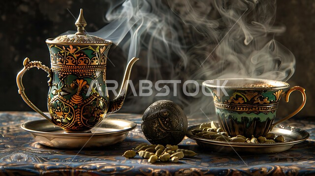 الاستمتاع بالمشروبات الساخنة، العادات العربية القديمة في تقديم القهوة، حسن الضيافه وكرم الإستقبال في المملكة العربية السعودية، صورة مقربة لفنجان القهوة السوداء، جودة المنتجات المحلية الوطنية