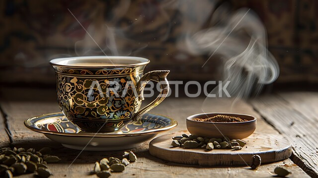 العادات العربية القديمة في تقديم القهوة، حسن الضيافه وكرم الإستقبال في المملكة العربية السعودية، صورة مقربة لفنجان القهوة السوداء، جودة المنتجات المحلية الوطنية، الاستمتاع بالمشروبات الساخنة