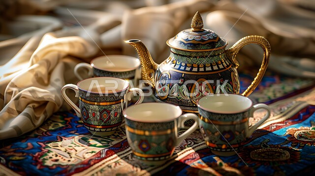 الاستمتاع بالمشروبات الساخنة، ابريق مزين بزخارف ارابيسك التقليدية الملونة، صورة مقربة لمجموعة من الفناجين المزخرفة، مفرش مائدة حريري فاخر، العادات القديمة في تقديم الشاي، حسن الضيافه وكرم الإستقبال في المملكة العربية السعودية