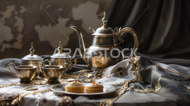 الاستمتاع بالمشروبات الساخنة، ابريق مزين بزخارف ارابيسك التقليدية الملونة، صورة مقربة لمجموعة من الفناجين المزخرفة، مفرش مائدة حريري فاخر، العادات القديمة في تقديم الشاي، حسن الضيافه وكرم الإستقبال في المملكة العربية السعودية