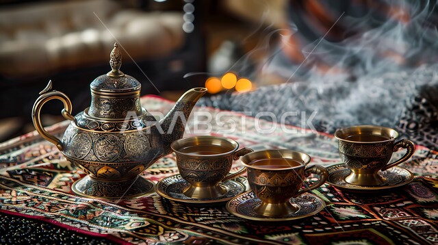 A jug decorated with colorful traditional Arabesque decorations, a close-up of a group of decorated cups, a luxurious silk tablecloth, enjoying hot drinks, the ancient customs of serving tea, good hospitality and reception in the Kingdom of Saudi Arabia