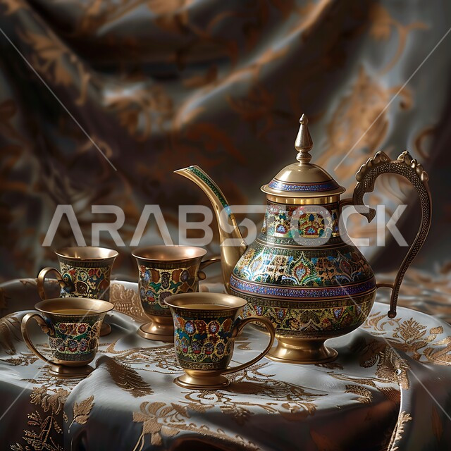 مفرش مائدة حريري فاخر، الاستمتاع بالمشروبات الساخنة، ابريق مزين بزخارف ارابيسك التقليدية الملونة، صورة مقربة لمجموعة من الفناجين المزخرفة، العادات القديمة في تقديم الشاي، حسن الضيافه وكرم الإستقبال في المملكة العربية السعودية