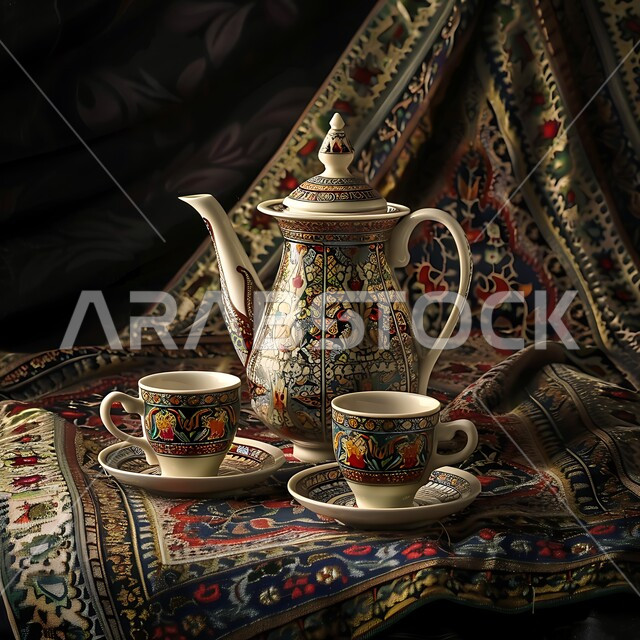 الاستمتاع بالمشروبات الساخنة، ابريق مزين بزخارف ارابيسك التقليدية الملونة، صورة مقربة لمجموعة من الفناجين المزخرفة، مفرش مائدة حريري فاخر، العادات القديمة في تقديم الشاي، حسن الضيافه وكرم الإستقبال في المملكة العربية السعودية