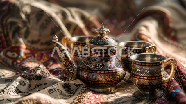 ابريق مزين بزخارف ارابيسك التقليدية الملونة، صورة مقربة لمجموعة من الفناجين المزخرفة، مفرش مائدة حريري فاخر، الاستمتاع بالمشروبات الساخنة، العادات القديمة في تقديم الشاي، حسن الضيافه وكرم الإستقبال في المملكة العربية السعودية