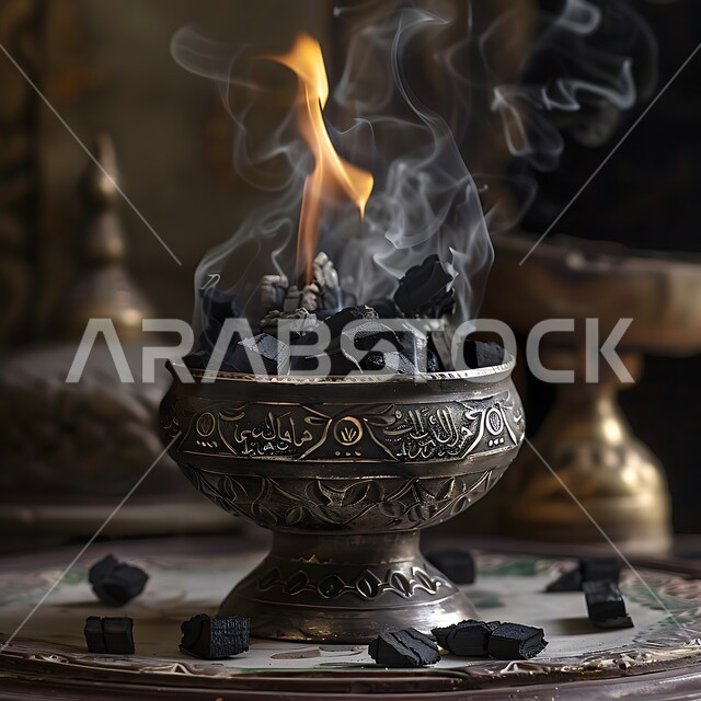 منظر الدخان المنتشر من البخور، أصالة العادات والتقاليد في المملكة العربية السعودية، التعطر والتطيب باطيب الروائح والعطور، خشب العود الفاخر والفحم، صورة مقربة لمبخرة فضية تقليدية، منتج وطني محلي سعودي