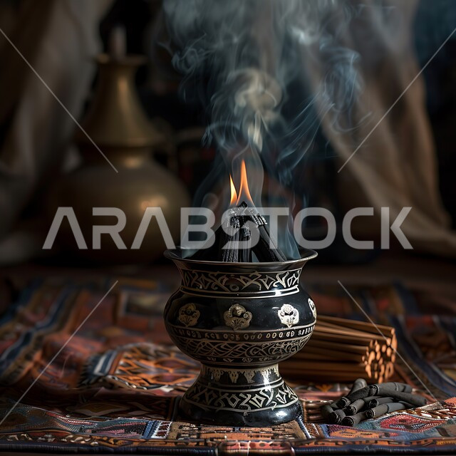 خشب العود الفاخر والفحم، صورة مقربة لمبخرة فضية تقليدية، التعطر والتطيب باطيب الروائح والعطور، أصالة العادات والتقاليد في المملكة العربية السعودية، منظر الدخان المنتشر من البخور، منتج وطني محلي سعودي