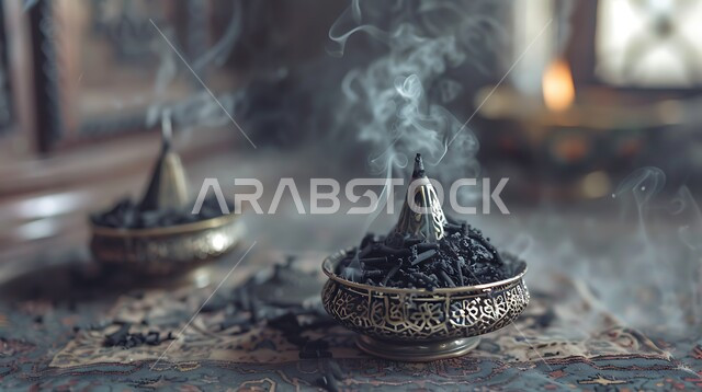 منظر الدخان المنتشر من البخور، أصالة العادات والتقاليد في المملكة العربية السعودية، التعطر والتطيب باطيب الروائح والعطور، خشب العود الفاخر والفحم، صورة مقربة لمبخرة فضية تقليدية، منتج وطني محلي سعودي