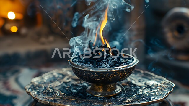 أصالة العادات والتقاليد في المملكة العربية السعودية، التعطر والتطيب باطيب الروائح والعطور، خشب العود الفاخر والفحم، صورة مقربة لمبخرة فضية تقليدية، منظر الدخان المنتشر من البخور، منتج وطني محلي سعودي