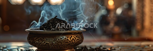 منتج وطني محلي سعودي، منظر الدخان المنتشر من البخور، أصالة العادات والتقاليد في المملكة العربية السعودية، التعطر والتطيب باطيب الروائح والعطور، خشب العود الفاخر والفحم، صورة مقربة لمبخرة فضية تقليدية