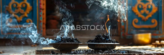 Perfuming and perfuming with the best scents and perfumes, luxurious agarwood and charcoal, a close-up of a traditional silver incense burner, the authenticity of customs and traditions in the Kingdom of Saudi Arabia, the view of smoke spreading from incense, a local Saudi national product.