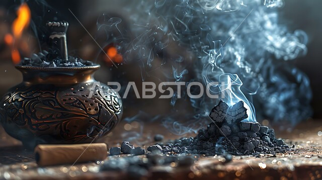 أصالة العادات والتقاليد في المملكة العربية السعودية، التعطر والتطيب باطيب الروائح والعطور، خشب العود الفاخر والفحم، صورة مقربة لمبخرة فضية تقليدية، منظر الدخان المنتشر من البخور، منتج وطني محلي سعودي