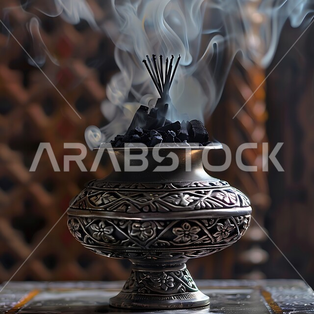خشب العود الفاخر والفحم، صورة مقربة لمبخرة فضية تقليدية، التعطر والتطيب باطيب الروائح والعطور، أصالة العادات والتقاليد في المملكة العربية السعودية، منظر الدخان المنتشر من البخور، منتج وطني محلي سعودي