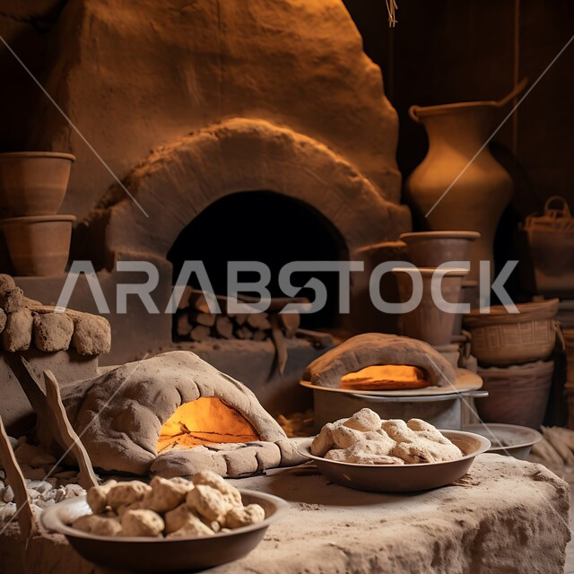 منتج وطني محلي، اعداد المعجنات في مخابز السعودية، مخبوزات ساخنة طازجة، فرن عربي شعبي في مخبز بالمملكة العربية، صورة مقربة لأرغفة الخبز السعودي التقليدي أمام موقد الحطب