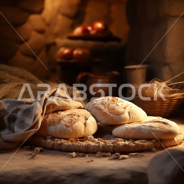 اعداد المعجنات في مخابز السعودية، مخبوزات ساخنة طازجة، فرن عربي شعبي في مخبز بالمملكة العربية، صورة مقربة لأرغفة الخبز السعودي التقليدي أمام موقد الحطب، منتج وطني محلي