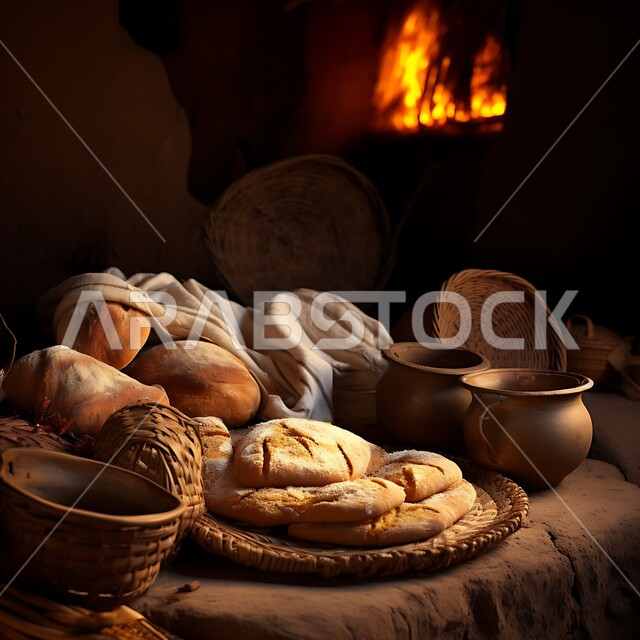 اعداد المعجنات في مخابز السعودية، مخبوزات ساخنة طازجة، فرن عربي شعبي في مخبز بالمملكة العربية، صورة مقربة لأرغفة الخبز السعودي التقليدي أمام موقد الحطب، منتج وطني محلي