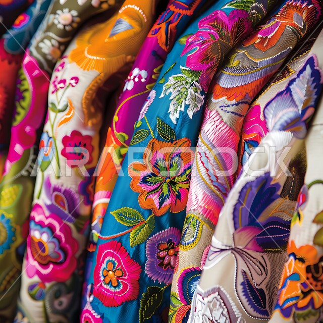 الفن التراثي الحرفي التقليدي ، منتجات محليه وطنيه متميزه، التطريز الشعبي على الاقمشه الملونه في أسواق المملكة العربية السعوديه، صورة مقربه لمنسوجات مع نقوش و زخارف نباتية