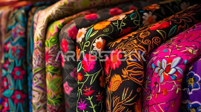 منتجات محليه وطنيه متميزه، التطريز الشعبي على الاقمشه الملونه في أسواق المملكة العربية السعوديه، صورة مقربه لمنسوجات مع نقوش و زخارف نباتية، الفن التراثي الحرفي التقليدي 