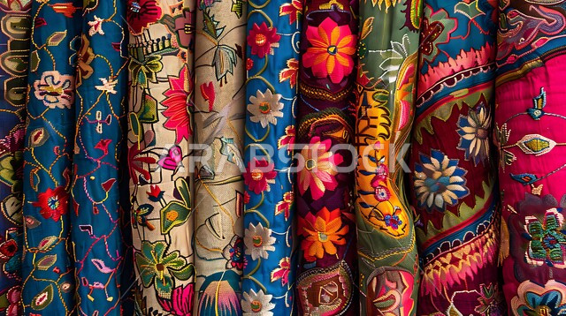 Traditional handicraft heritage art, distinct local and national products, popular embroidery on colored fabrics in the markets of the Kingdom of Saudi Arabia, a close-up of textiles with engravings and floral decorations.