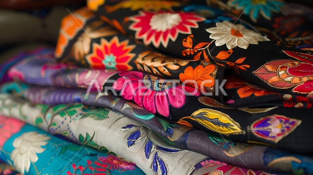 منتجات محليه وطنيه متميزه، التطريز الشعبي على الاقمشه الملونه في أسواق المملكة العربية السعوديه، صورة مقربه لمنسوجات مع نقوش و زخارف نباتية، الفن التراثي الحرفي التقليدي 