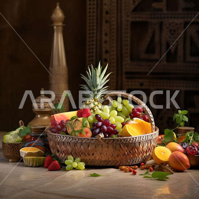 سلال مصنوعة يدويا من سعف النخيل، مجموعة من الفواكه الصيفية الموسمية اللذيذة، موسم حصاد الثمار في المملكة العربية السعودية، منتجات وطنية محلية، صورة مقربة لفاكهة مختلفة