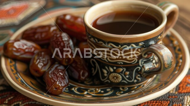 الاستمتاع بالمشروبات الساخنة، العادات العربية القديمة في تقديم القهوة، حسن الضيافه وكرم الإستقبال في المملكة العربية السعودية، صورة مقربة لفنجان من القهوة السوداء مع التمر، جودة المنتجات المحلية الوطنية
