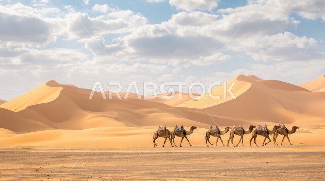 تربية المواشي في المحميات الطبيعية، منظر السماء المليئة بالغيوم البيضاء فوق الكثبان الرملية في المناطق الصحراوية في المملكة العربية السعودية، قطيع من الجمال على الرمال الذهبية الناعمة
