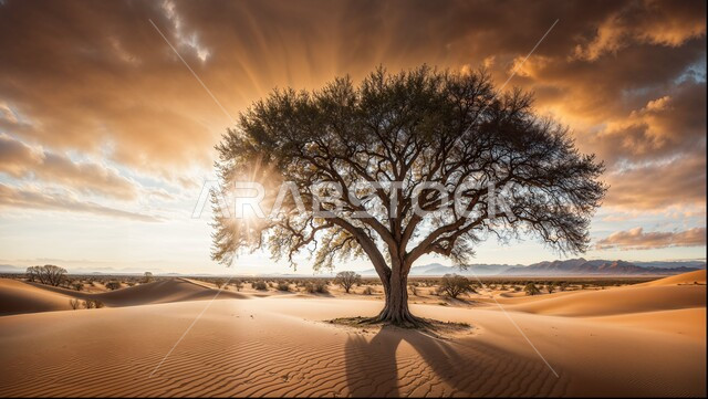 شجرة ضخمة في صحراء المملكة العربية السعودية وقت الغروب، الكثبان الرملية والجبال في الصحارى، المعالم التاريخية الأثرية القديمة، منظر الغيوم في السماء